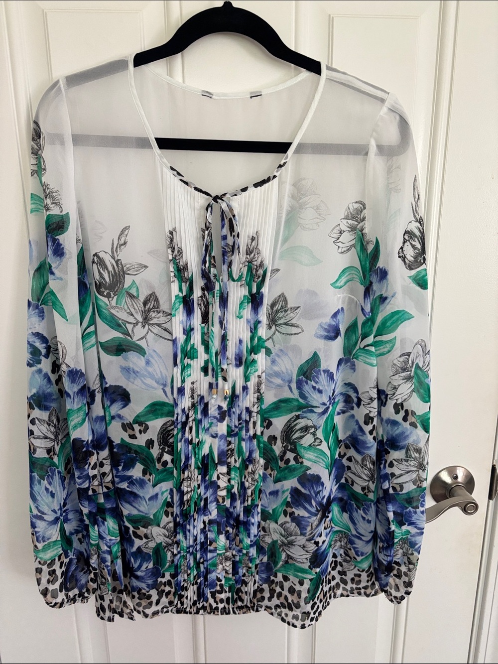 Floral Sheer Tie-Neck Blouse - White with Blue & Green Floral